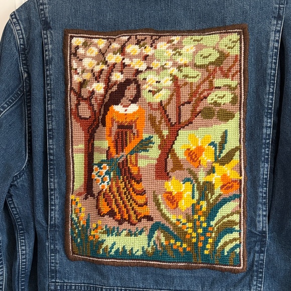 Eddie Bauer Denim Jacket with Embroidered Needlepoint of Springtime Scene - Picture 2 of 9